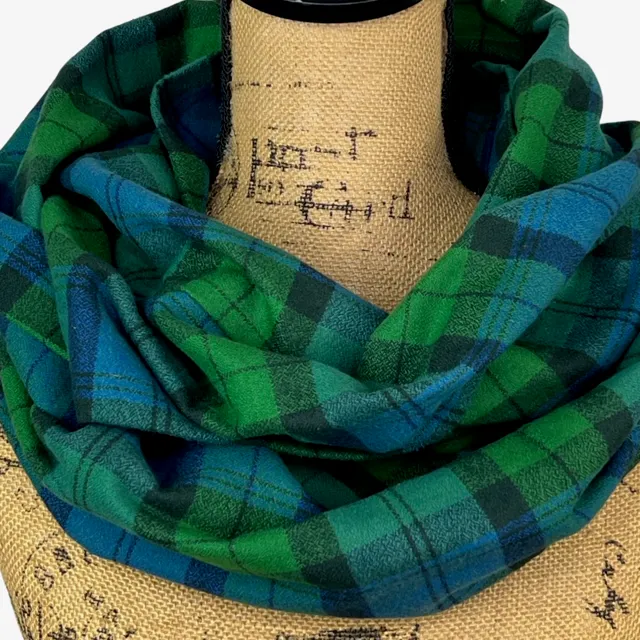 100% Organic Cotton Tartan in Emerald Green, Deep Blue and Black Plaid Infinity and Blanket Scarves