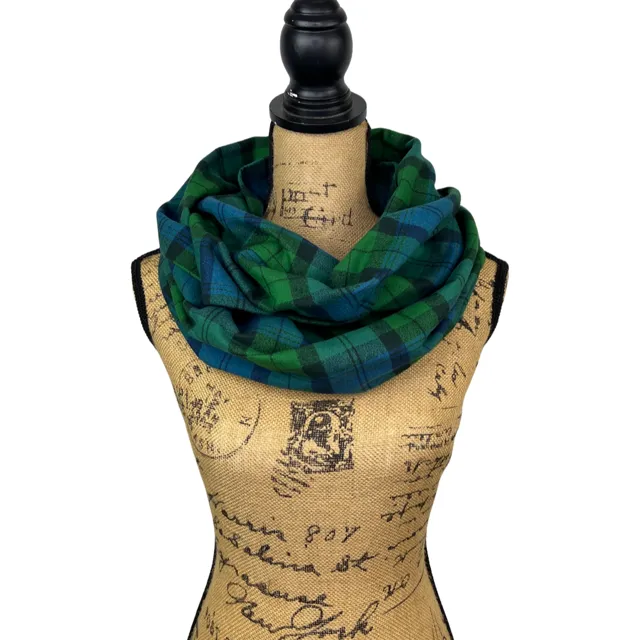 100% Organic Cotton Tartan in Emerald Green, Deep Blue and Black Plaid Infinity and Blanket Scarves