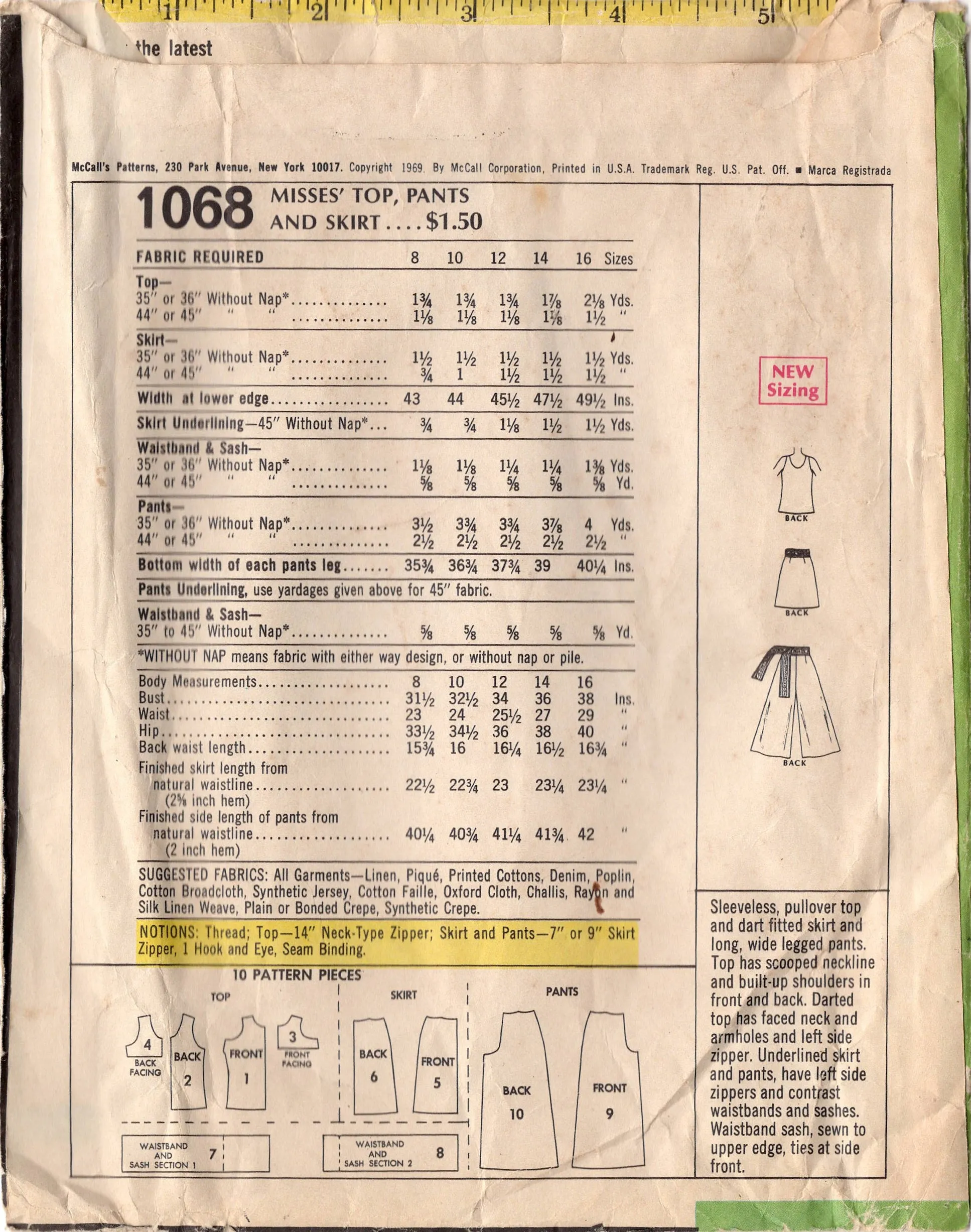 1960's McCall's New York Designers' Collection Top, A-line Skirt and Palazzo Pants Pattern - Bust 34" - no. N/1068