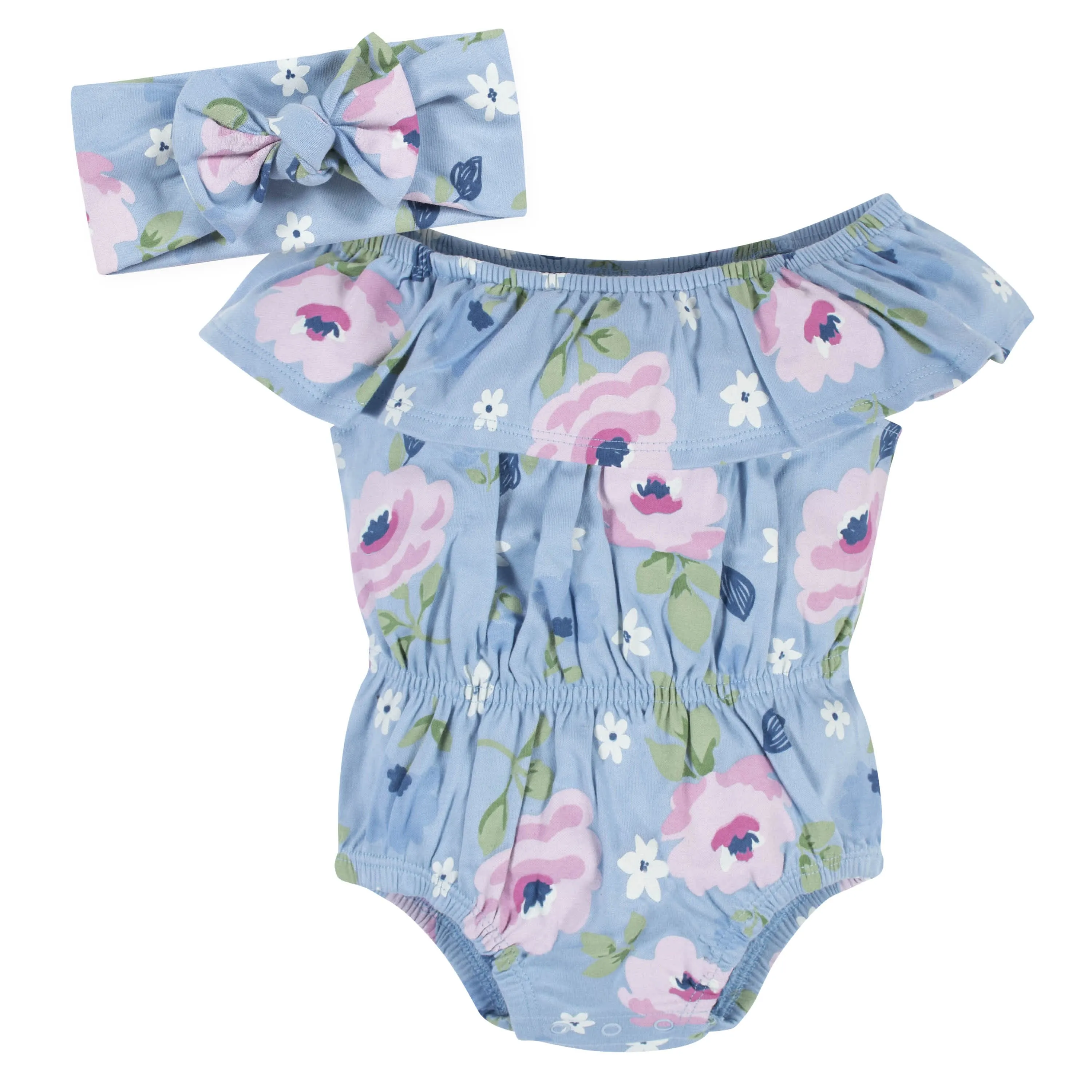 2-Piece Baby Girls Periwinkle Garden Wide Neck Sunsuit Romper & Headband Set