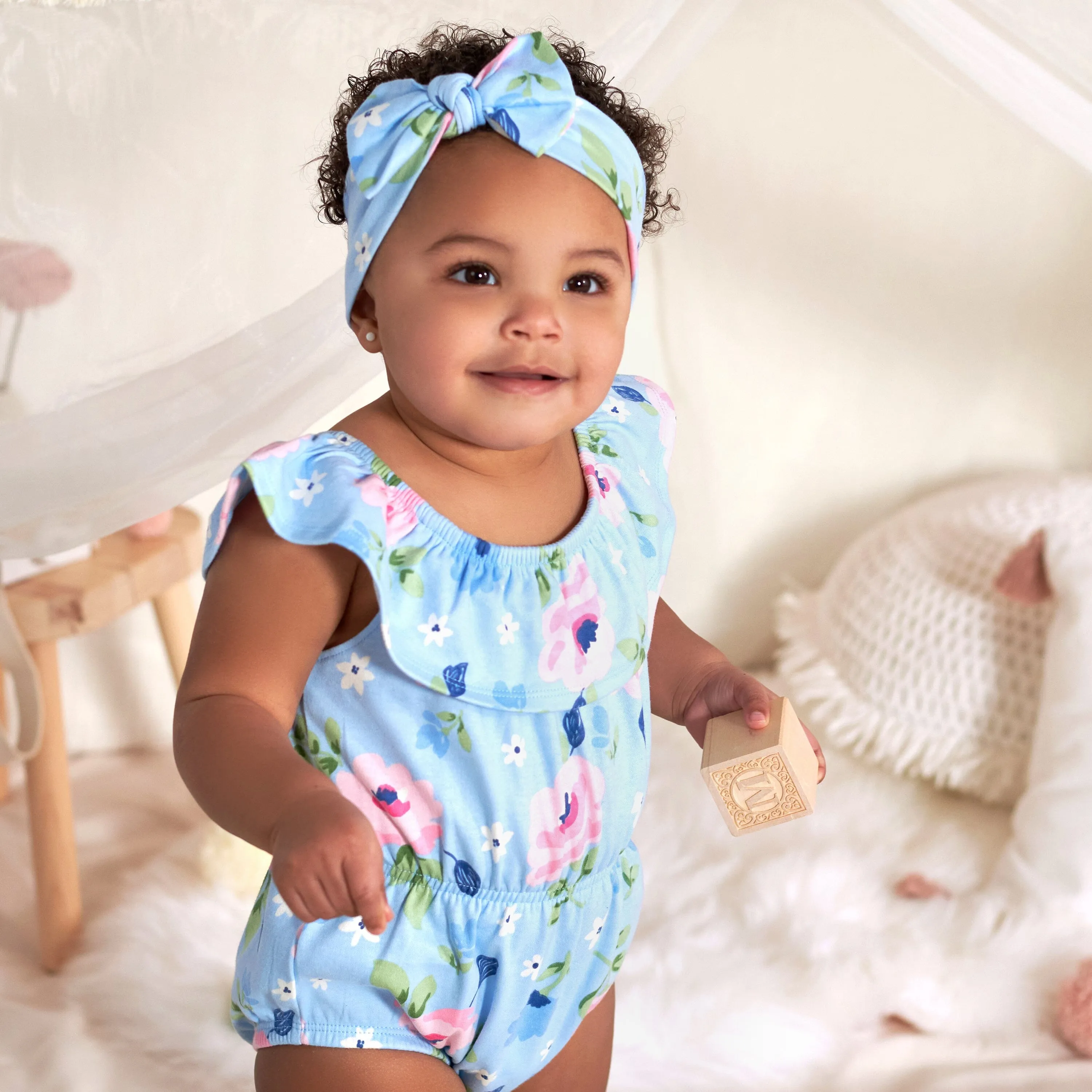 2-Piece Baby Girls Periwinkle Garden Wide Neck Sunsuit Romper & Headband Set