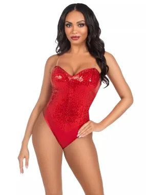 2Pc Sequin Boned Snap Crotch Bodysuit with Detachable Clear Straps Red