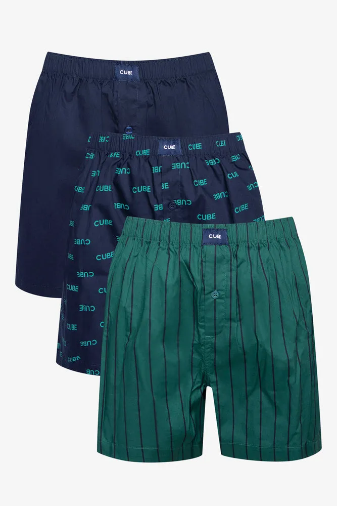 3 Pack Woven Boxers Green & Navy