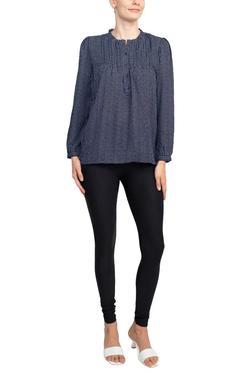 Adrianna Papell Crew Neck Long Sleeves Button Detail Woven Top