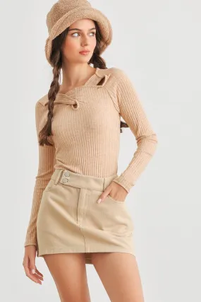 Apricot Ribbed Twist Detail Long Sleeve Bodysuit /2-2-2