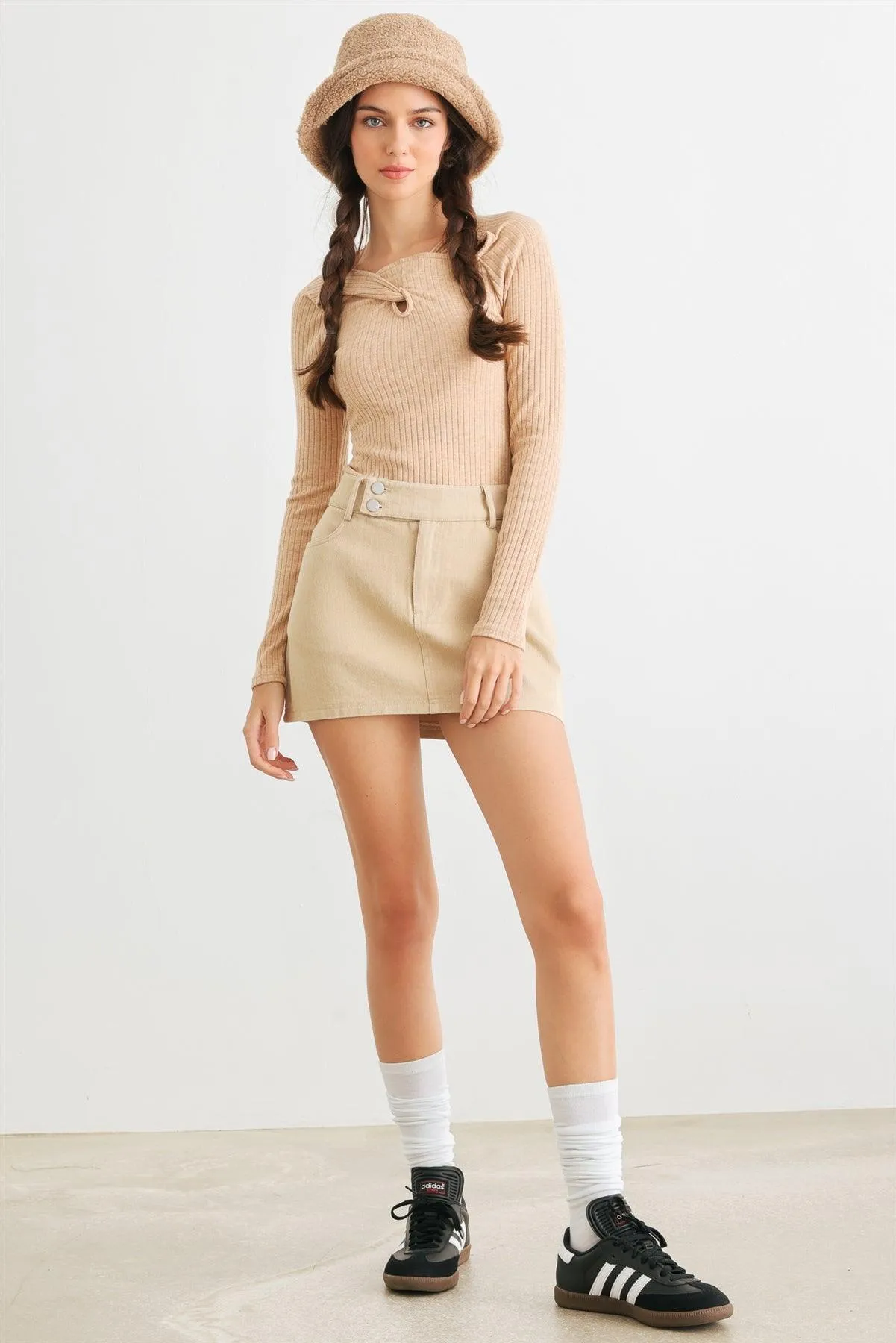 Apricot Ribbed Twist Detail Long Sleeve Bodysuit /2-2-2