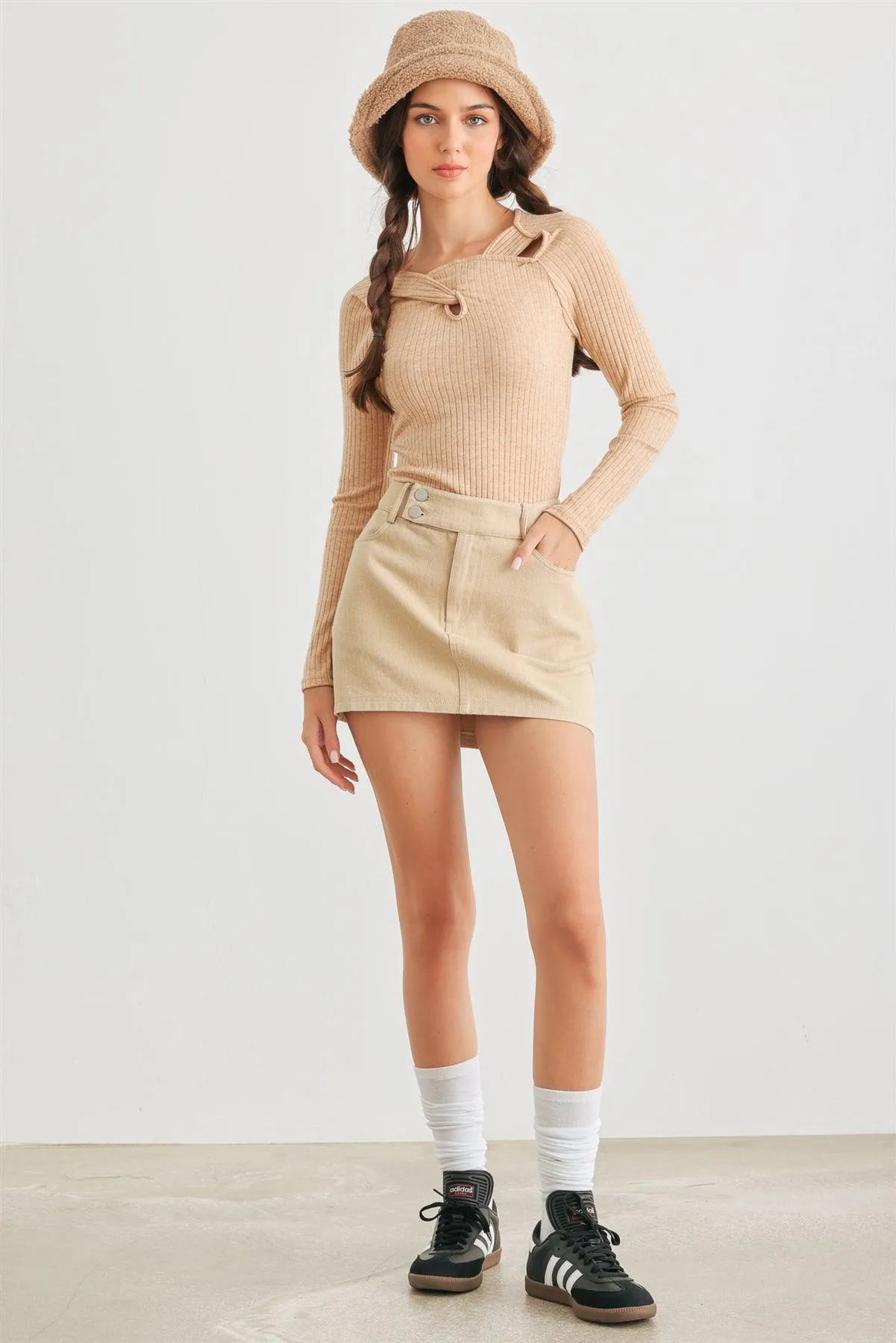 Apricot Ribbed Twist Detail Long Sleeve Bodysuit /2-2-2