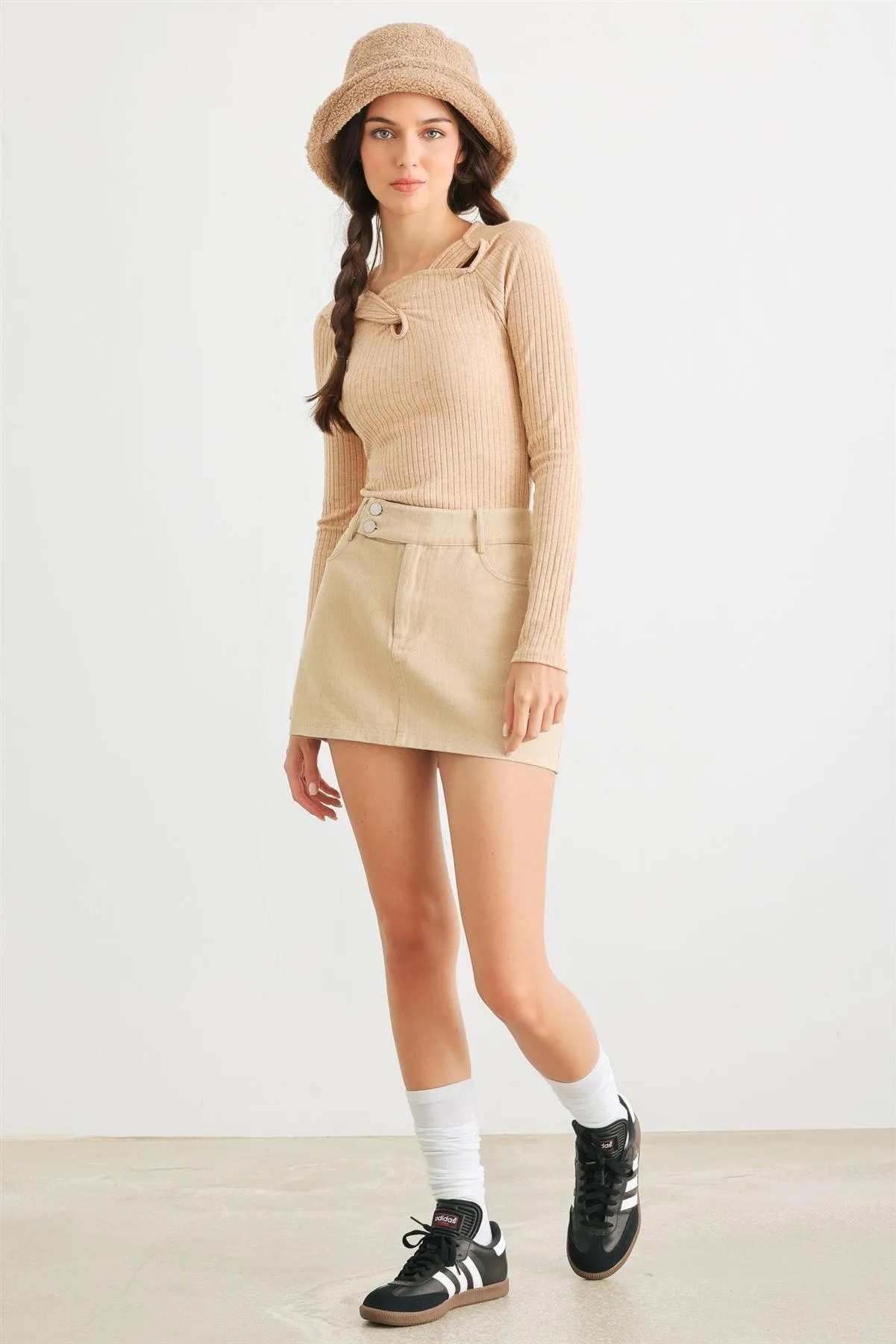 Apricot Ribbed Twist Detail Long Sleeve Bodysuit /2-2-2