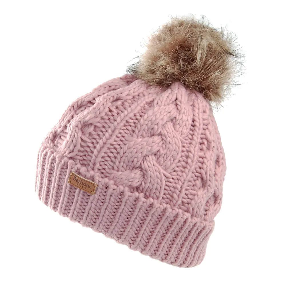 Barbour Hats Penshaw Cable Knit Faux Fur Pom Bobble Hat - Dusky Pink