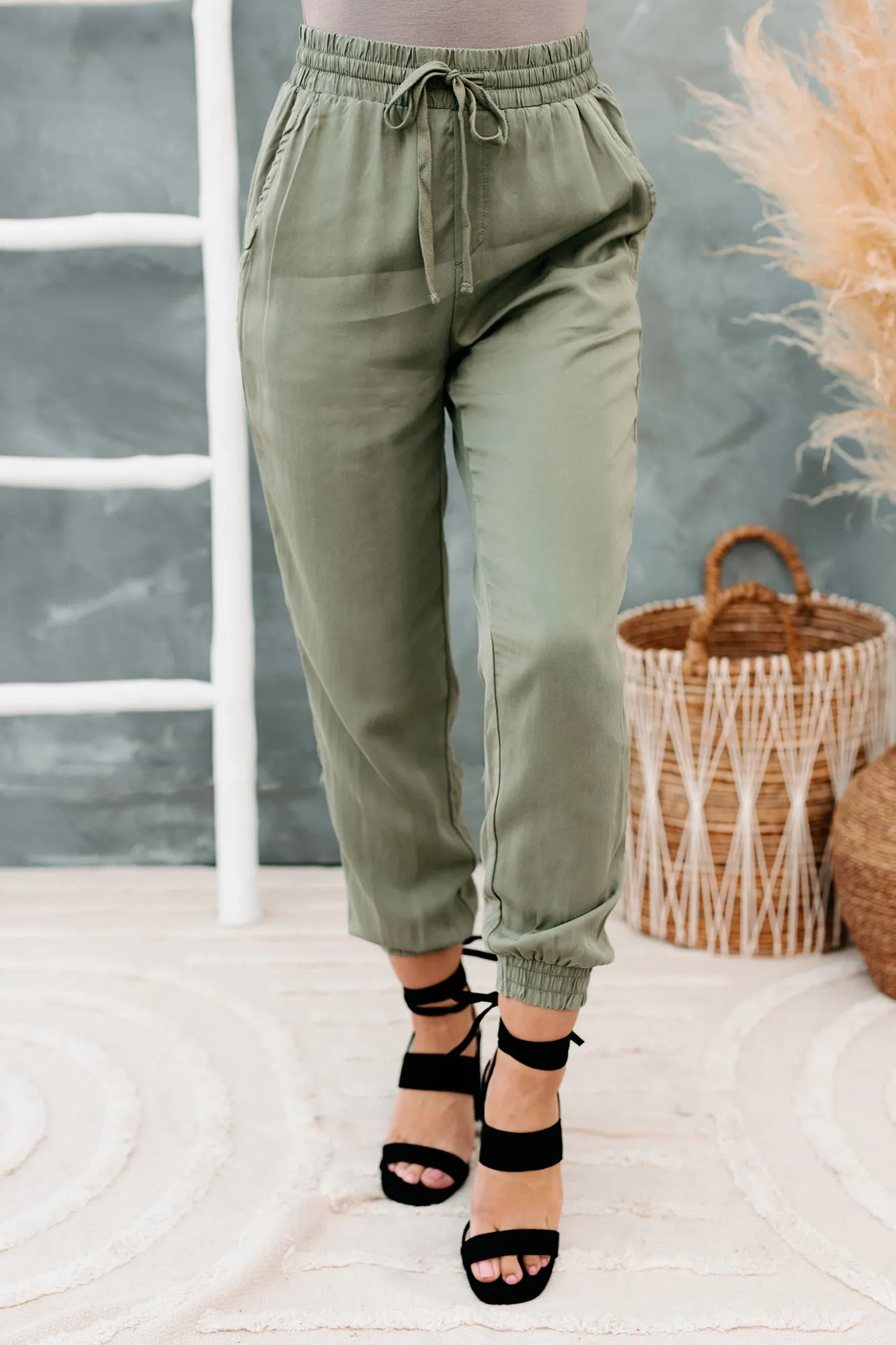 Betting Game Drawstring Waist Joggers (Light Olive)