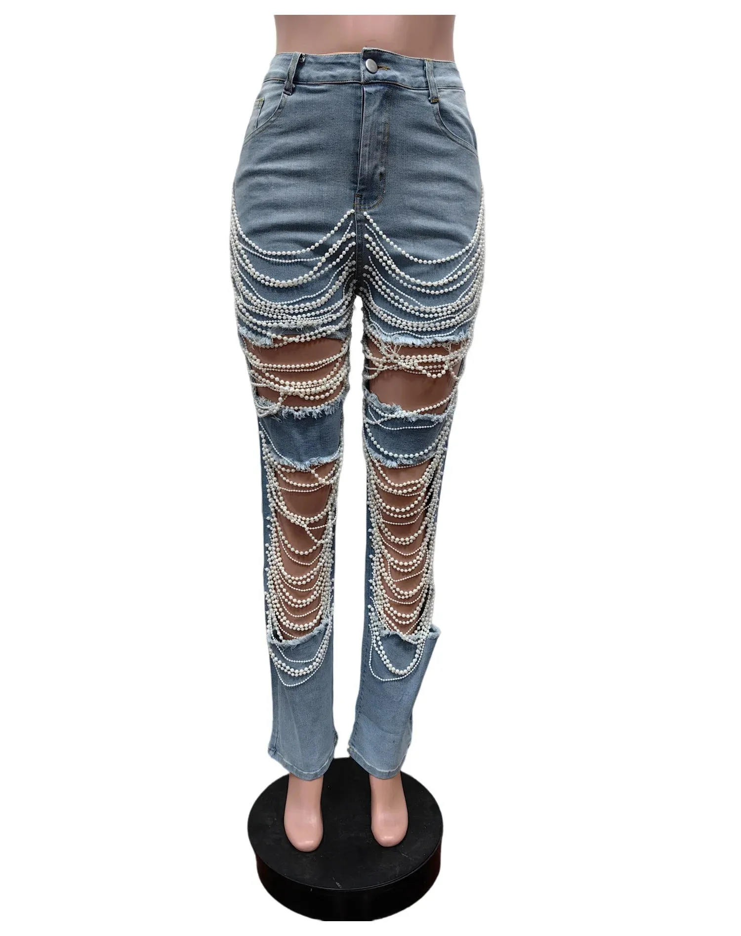 Bianca High Waist Elegant Beading Denim Club Trousers