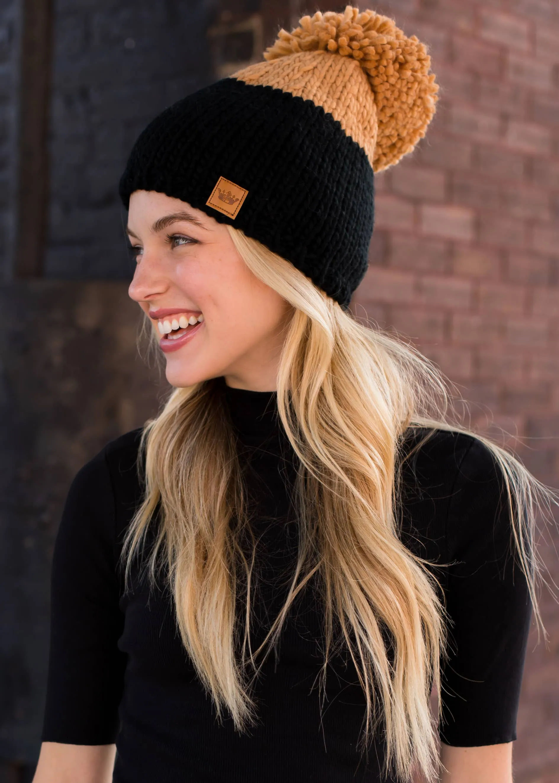 Black & Camel Color Block Pom Hat