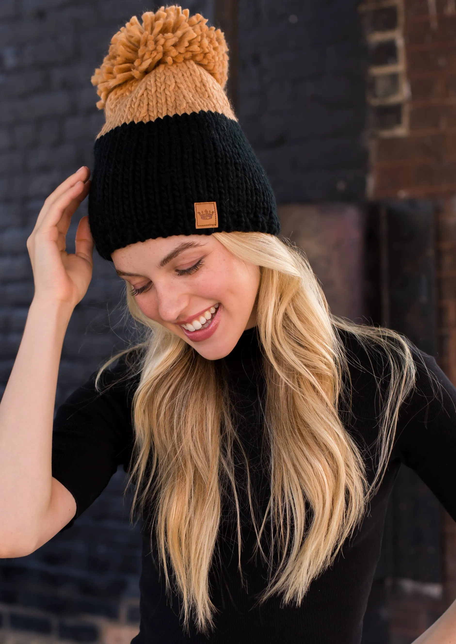 Black & Camel Color Block Pom Hat