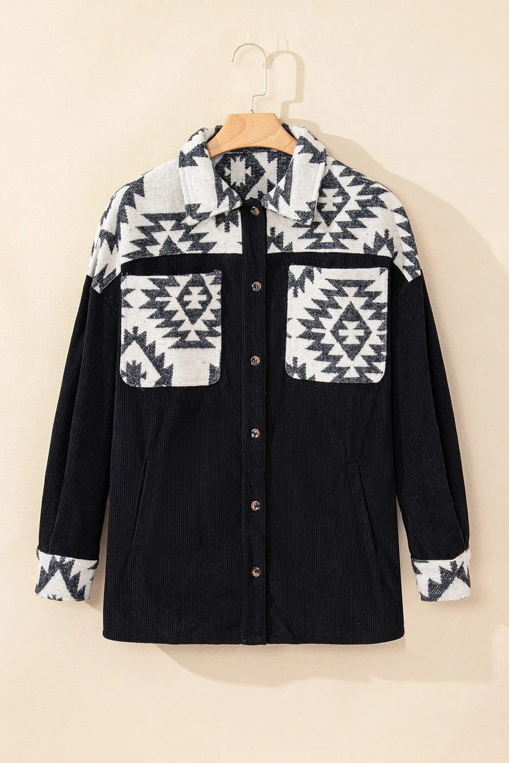 Black Aztec Patchwork Buttoned Corduroy Shacket