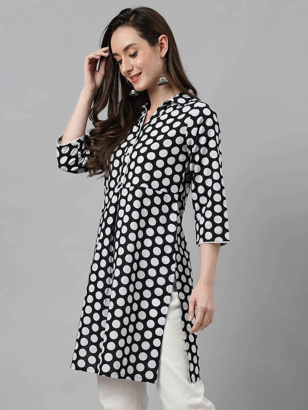 Black Cotton Polka Print A-Line Tunic  - By Janasya