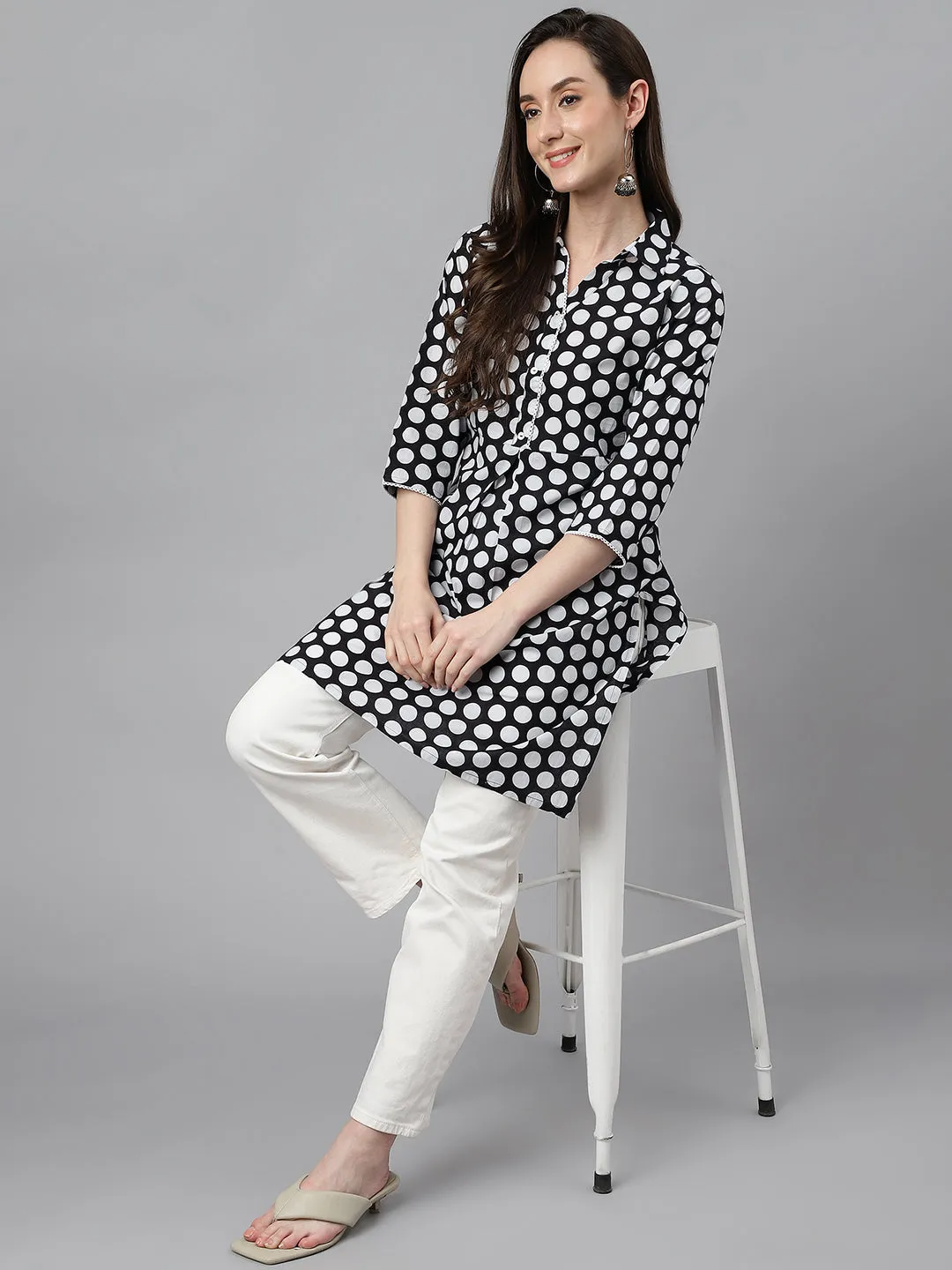 Black Cotton Polka Print A-Line Tunic  - By Janasya