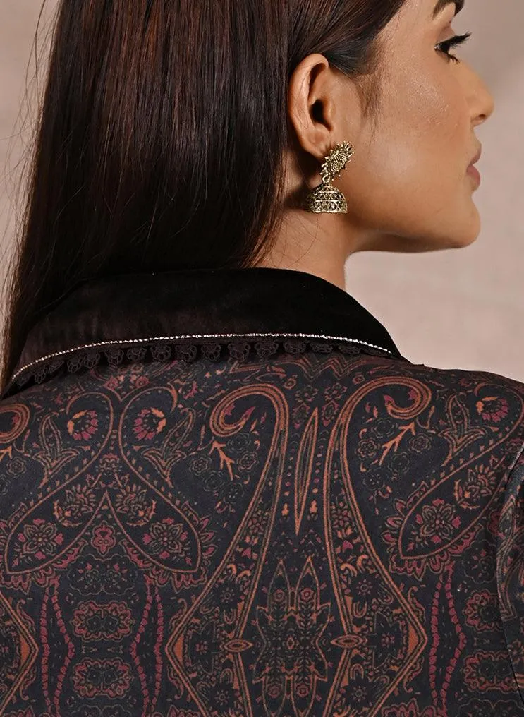 Black Printed Tunic with Embroidery on Collar