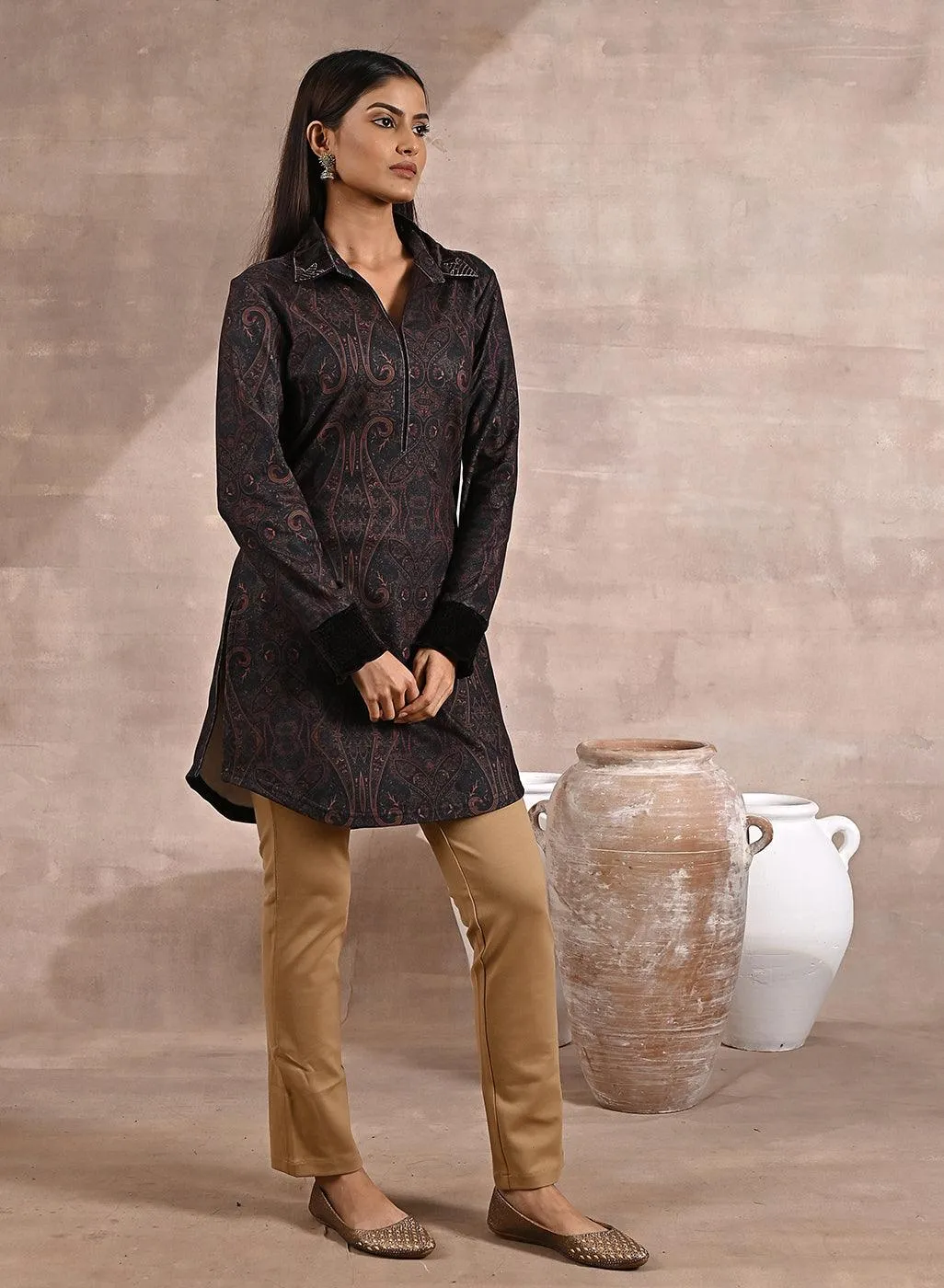 Black Printed Tunic with Embroidery on Collar