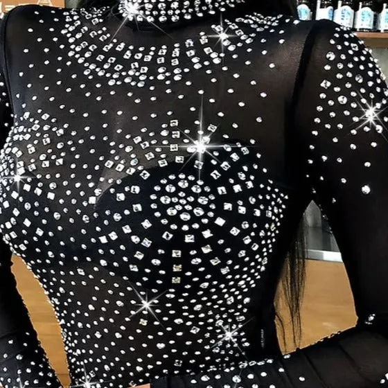 Black Rhinestone Long Sleeve Bodysuit, Long Sleeve Sparkle Bodysuit, Black Mesh Rhinestone Bodysuit