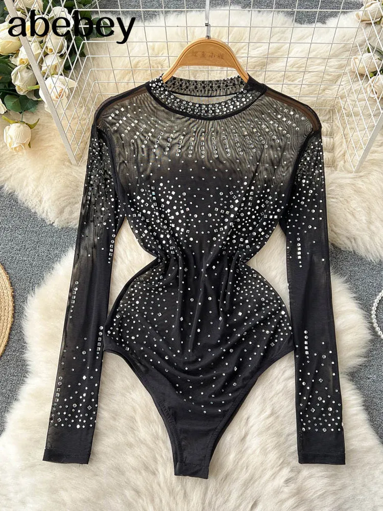 Black Rhinestone Long Sleeve Bodysuit, Long Sleeve Sparkle Bodysuit, Black Mesh Rhinestone Bodysuit