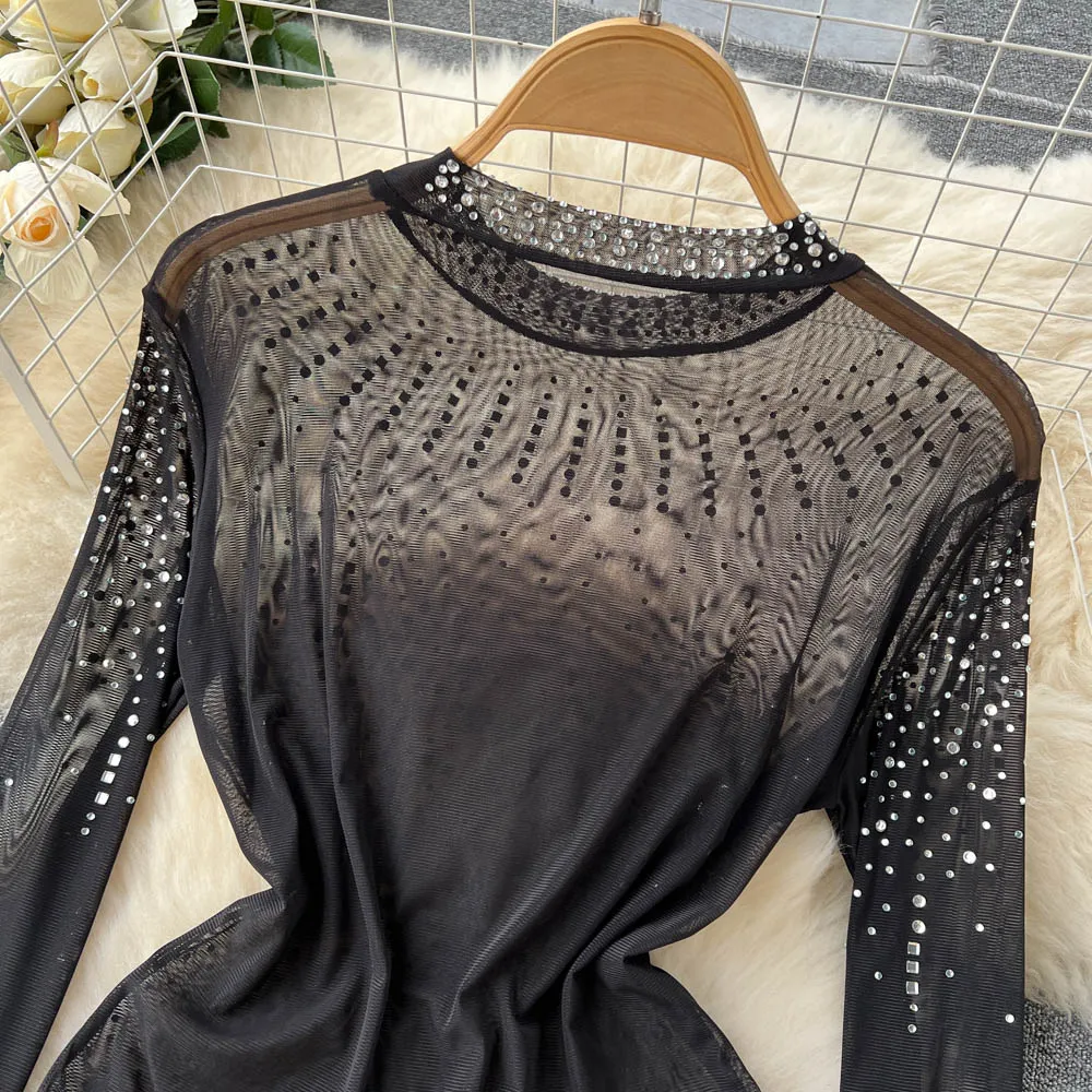 Black Rhinestone Long Sleeve Bodysuit, Long Sleeve Sparkle Bodysuit, Black Mesh Rhinestone Bodysuit