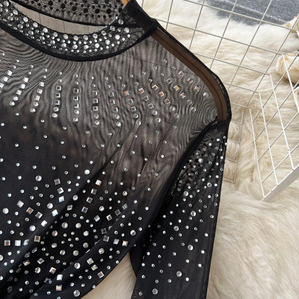 Black Rhinestone Long Sleeve Bodysuit, Long Sleeve Sparkle Bodysuit, Black Mesh Rhinestone Bodysuit