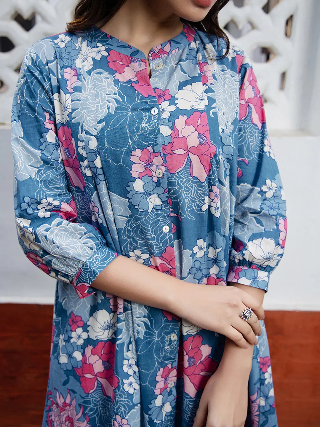 Blue Cotton Floral A-Line Tunic  - By Janasya