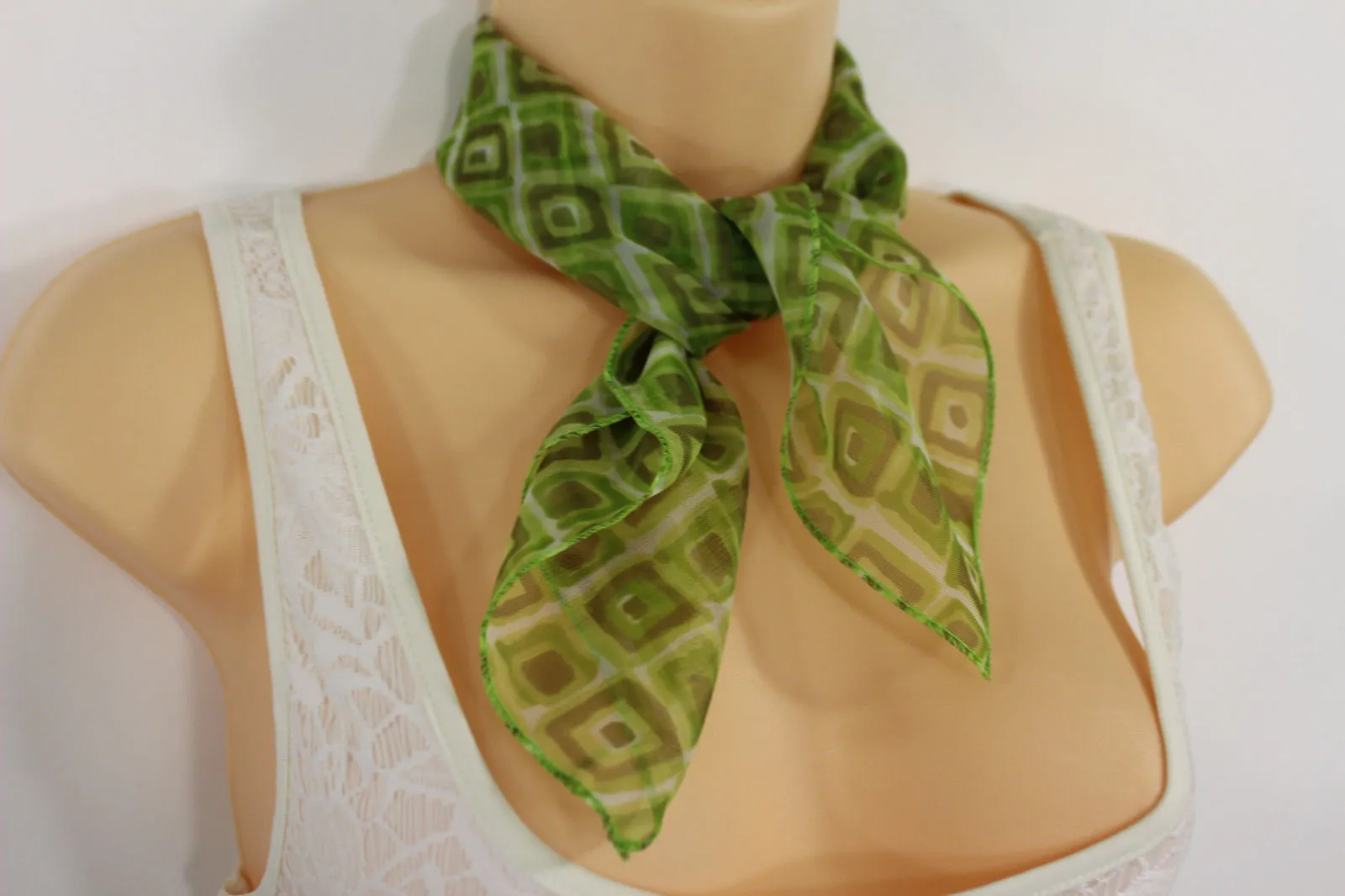 Blue Green Small Neck Scarf Fabric Geometric Square Print Pocket Accessories