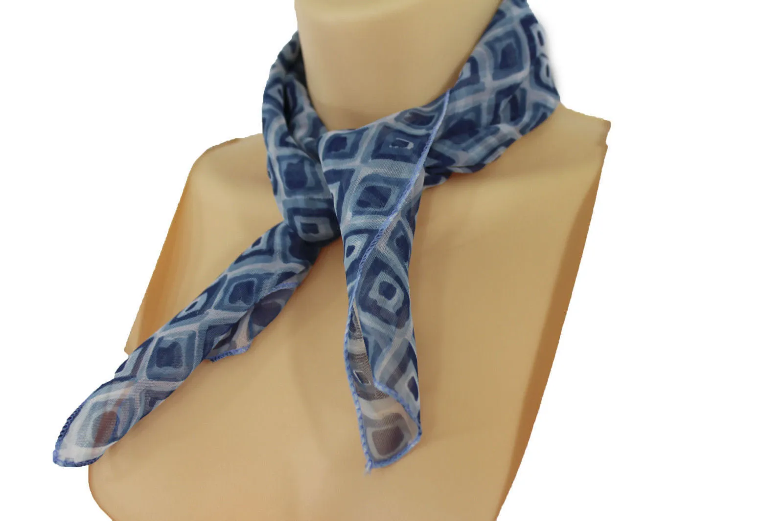 Blue Green Small Neck Scarf Fabric Geometric Square Print Pocket Accessories