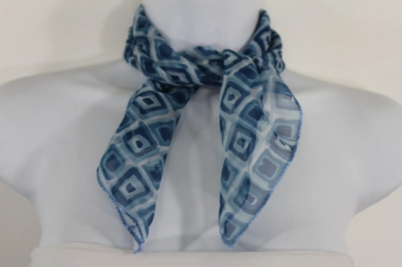 Blue Green Small Neck Scarf Fabric Geometric Square Print Pocket Accessories