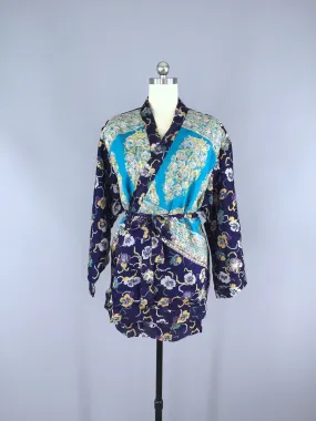 Blue Pansy Embroidered Silk Chiffon Kimono Cardigan made from a Vintage Indian Sari