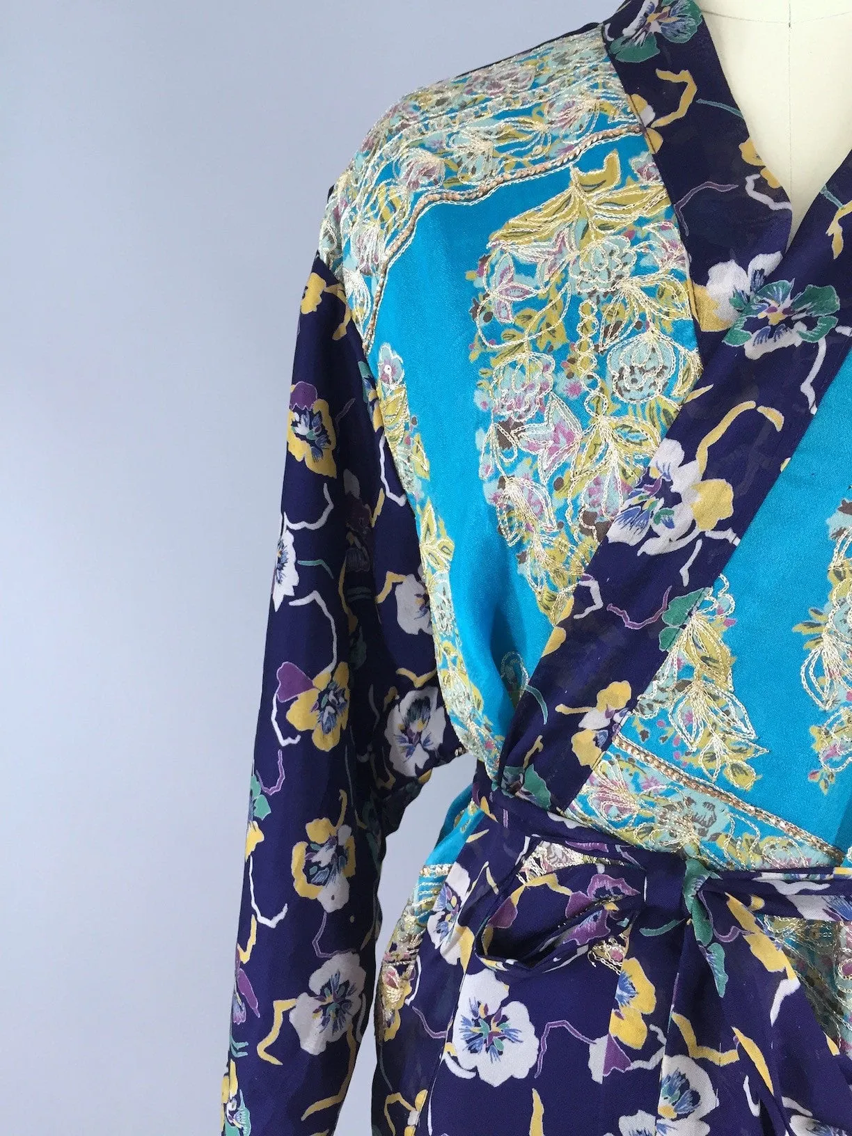 Blue Pansy Embroidered Silk Chiffon Kimono Cardigan made from a Vintage Indian Sari