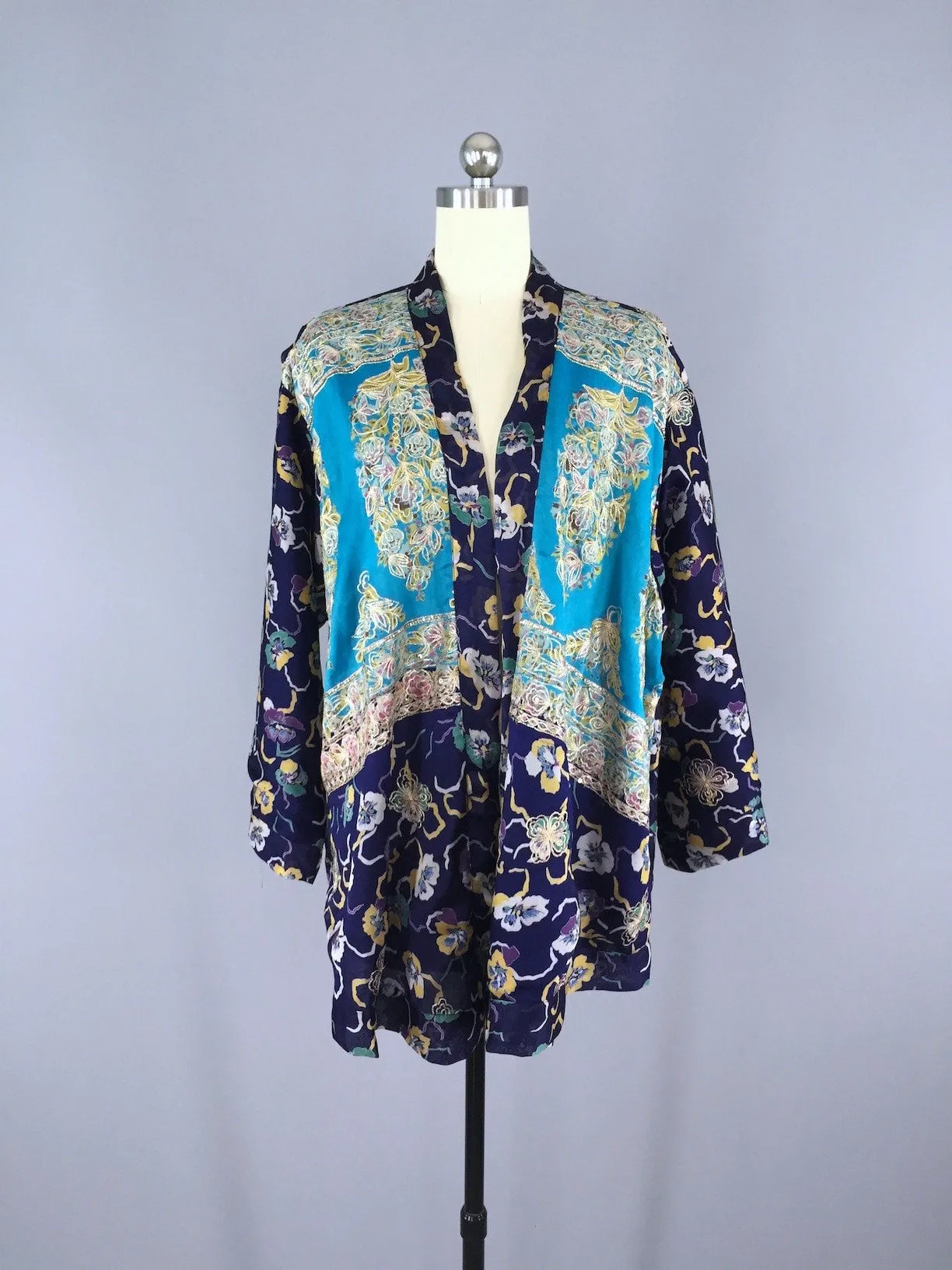 Blue Pansy Embroidered Silk Chiffon Kimono Cardigan made from a Vintage Indian Sari