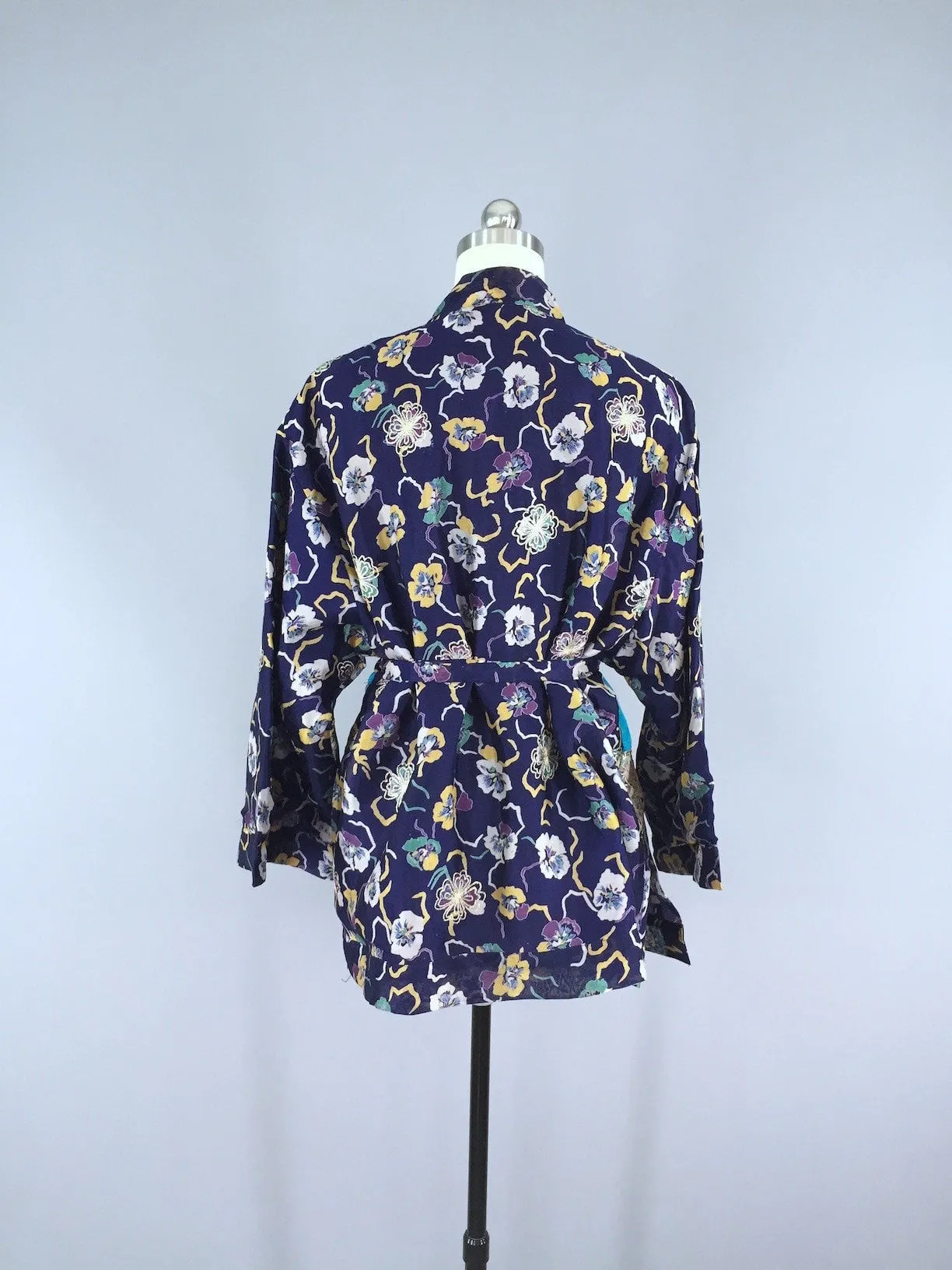 Blue Pansy Embroidered Silk Chiffon Kimono Cardigan made from a Vintage Indian Sari