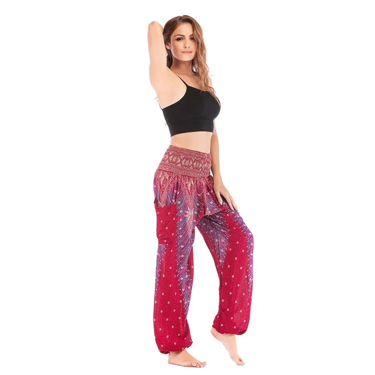 Bohemia Peacock Pocket Casual Loose Wide Leg Yoga Pants For Women