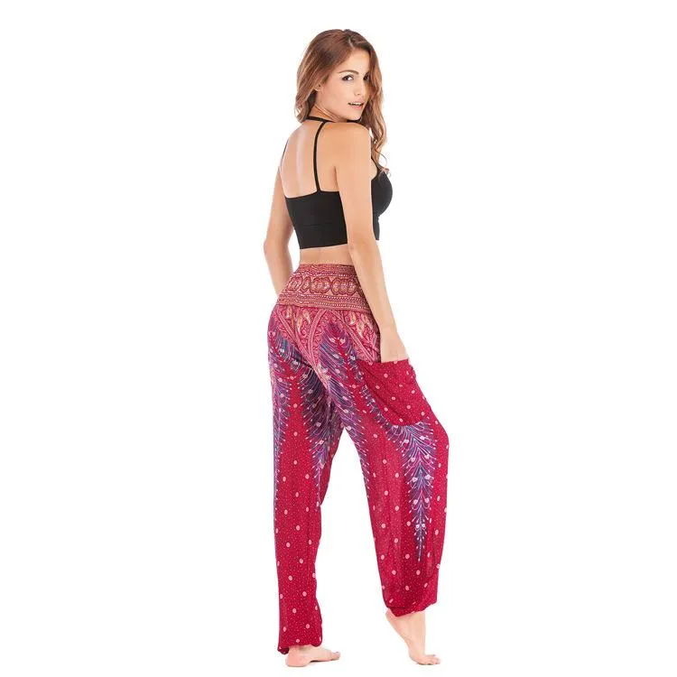 Bohemia Peacock Pocket Casual Loose Wide Leg Yoga Pants For Women