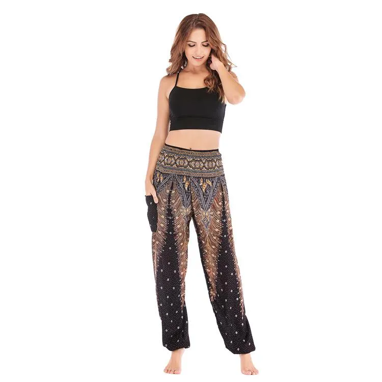 Bohemia Peacock Pocket Casual Loose Wide Leg Yoga Pants For Women