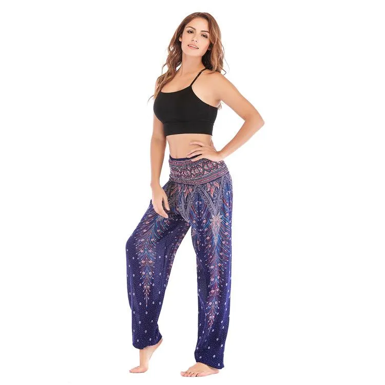 Bohemia Peacock Pocket Casual Loose Wide Leg Yoga Pants For Women