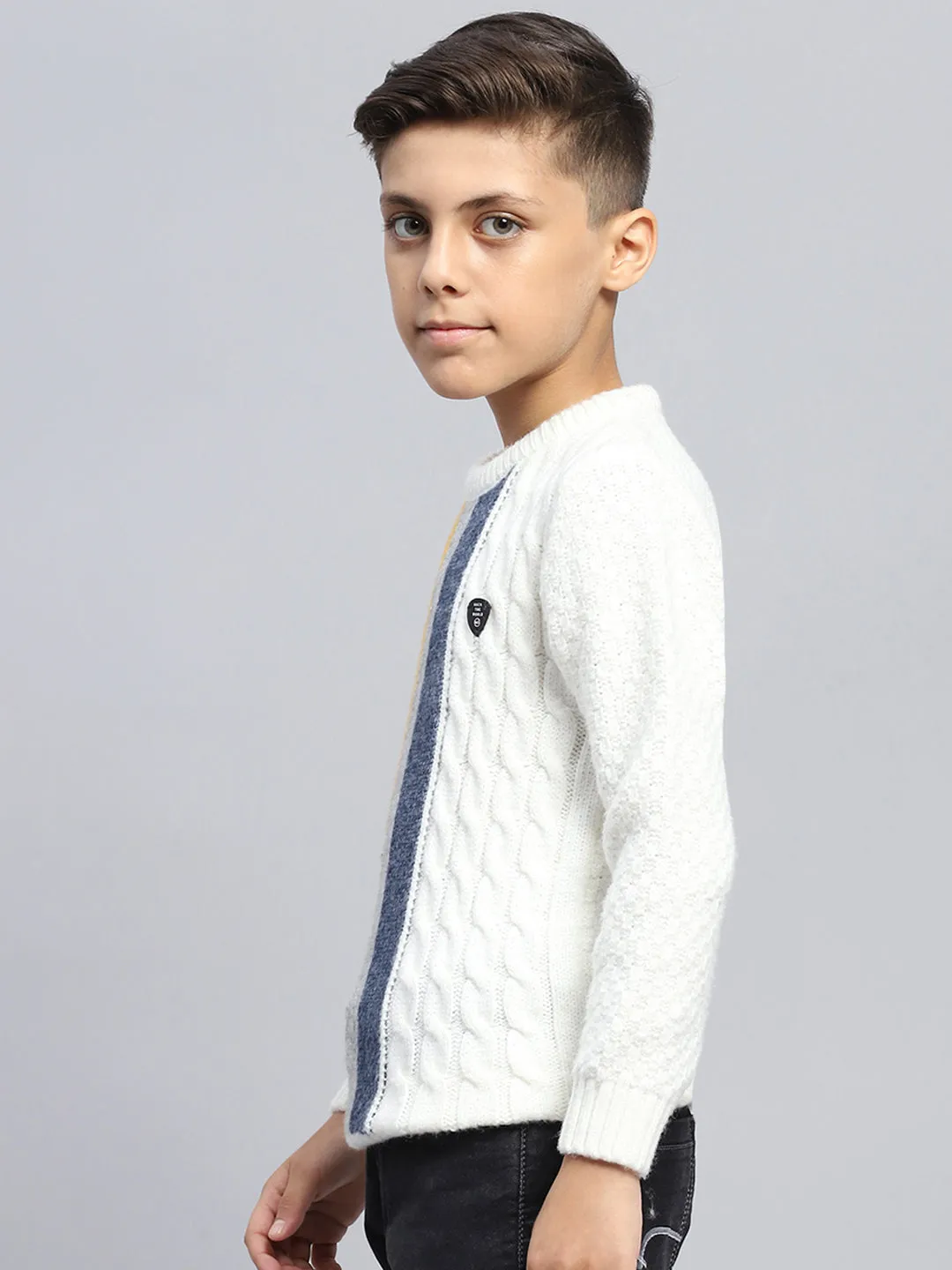 Boys Off White Self Design Round Neck Full Sleeve Pullover