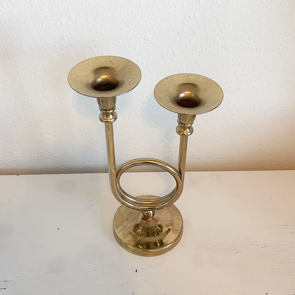 Brass Trumpet Double Candle Holder - Vintage