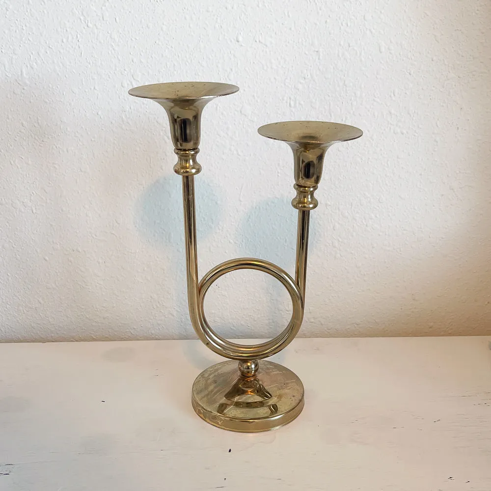 Brass Trumpet Double Candle Holder - Vintage