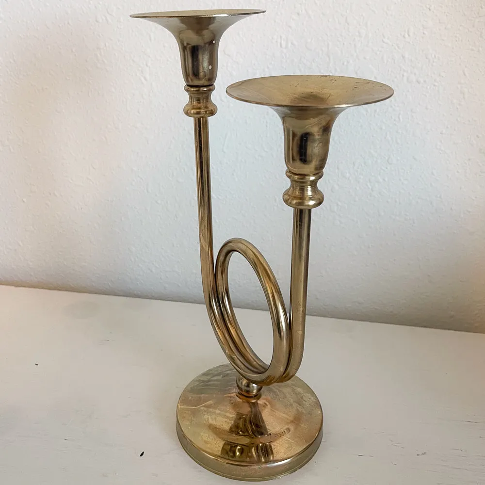 Brass Trumpet Double Candle Holder - Vintage