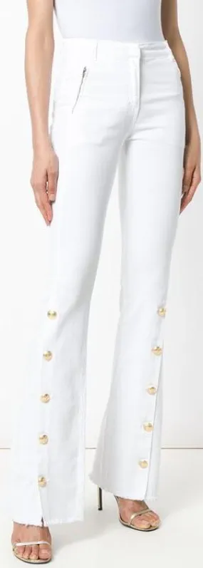 Button-Embellished Frayed Flared Pants