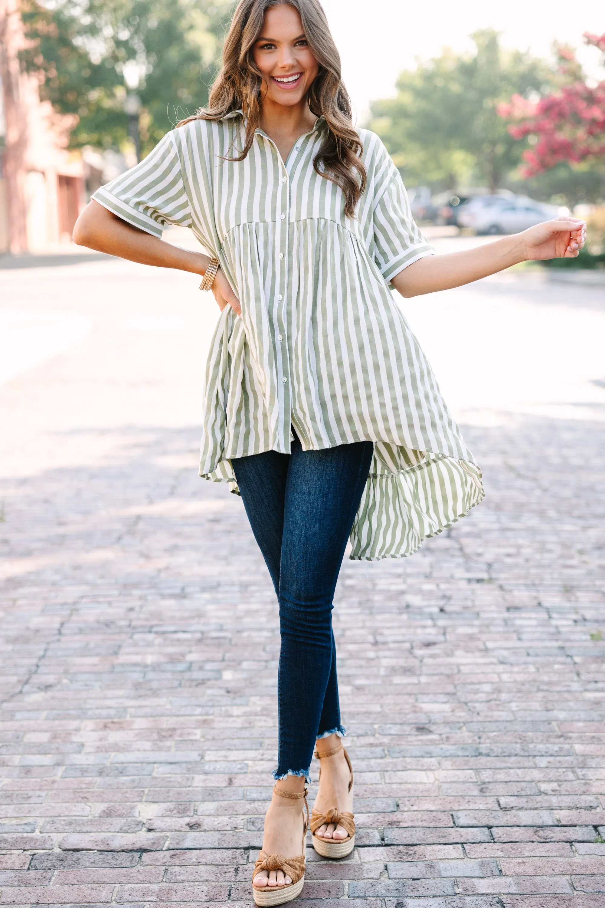 Can't Leave You Behind Olive Green Striped Tunic