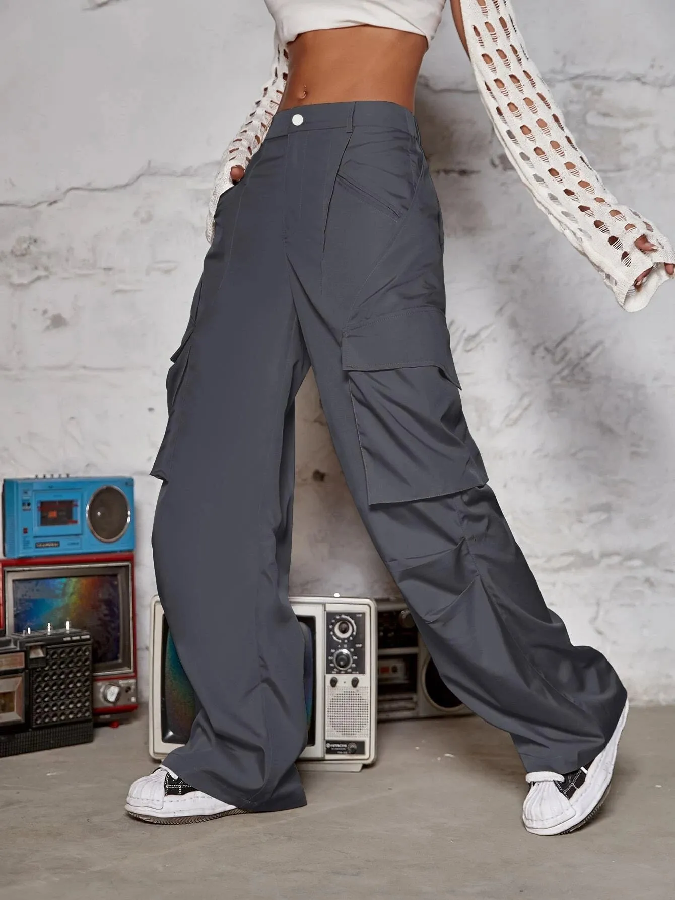 Casual Ruched Wide Leg Cargo Pants