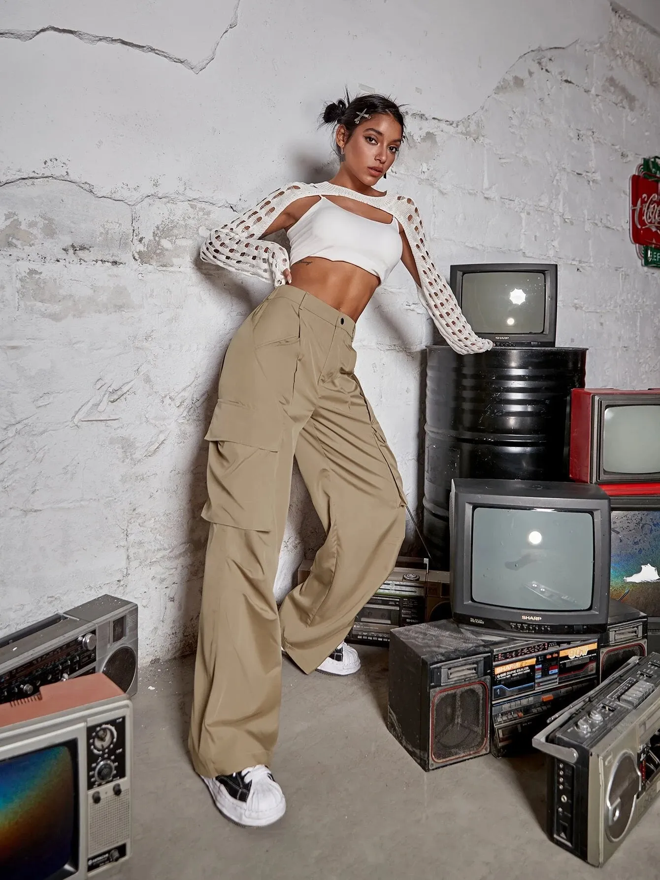 Casual Ruched Wide Leg Cargo Pants