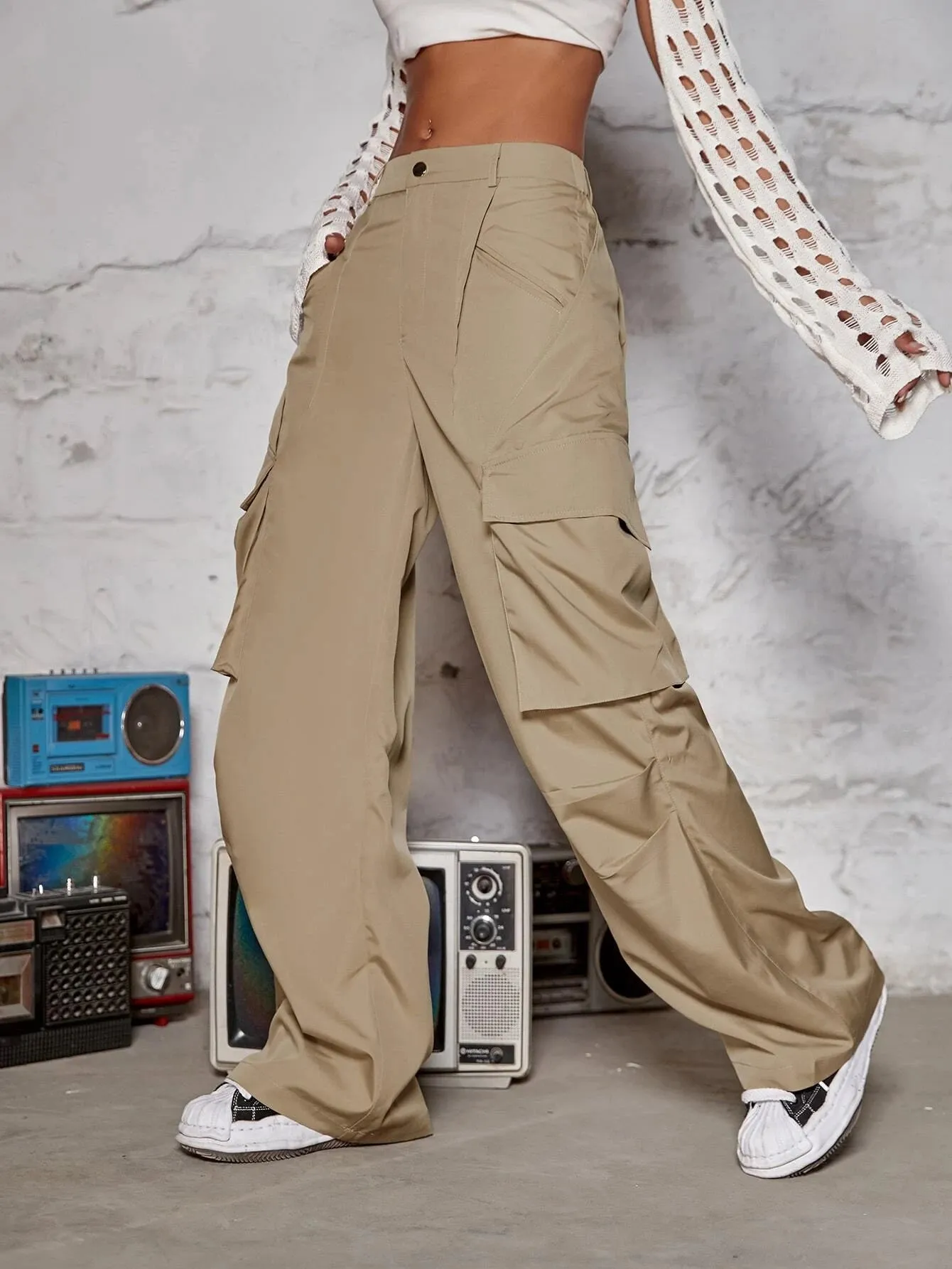 Casual Ruched Wide Leg Cargo Pants