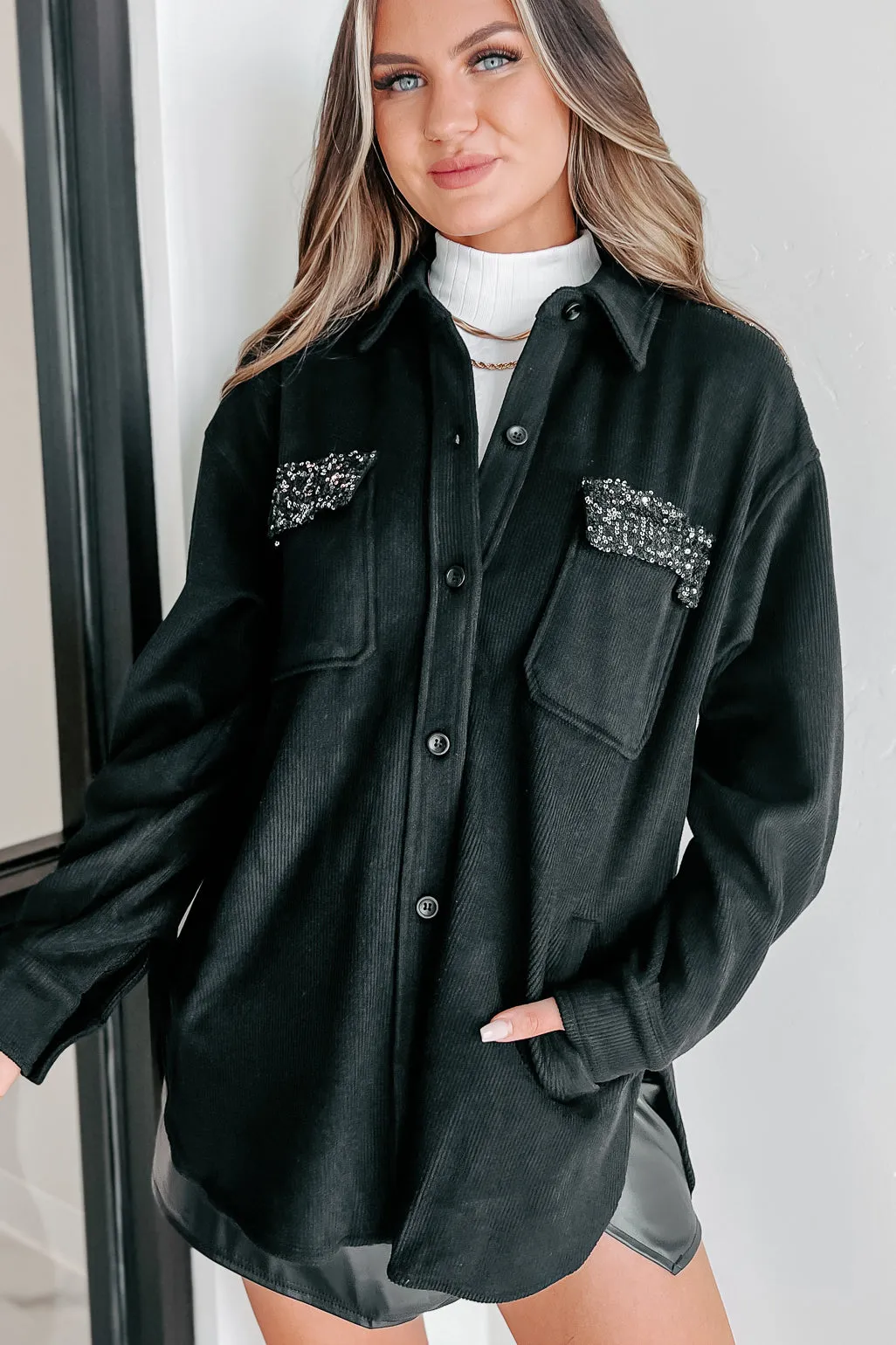 Casually Boujee Ribbed Sequin Detailed Shacket (Black/Silver)