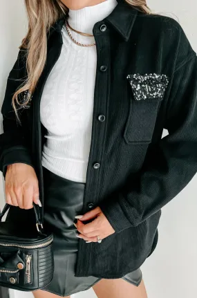 Casually Boujee Ribbed Sequin Detailed Shacket (Black/Silver)