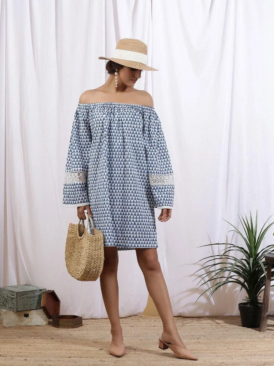 Ciel Off Shoulder Dress - Blue Cotton Printed